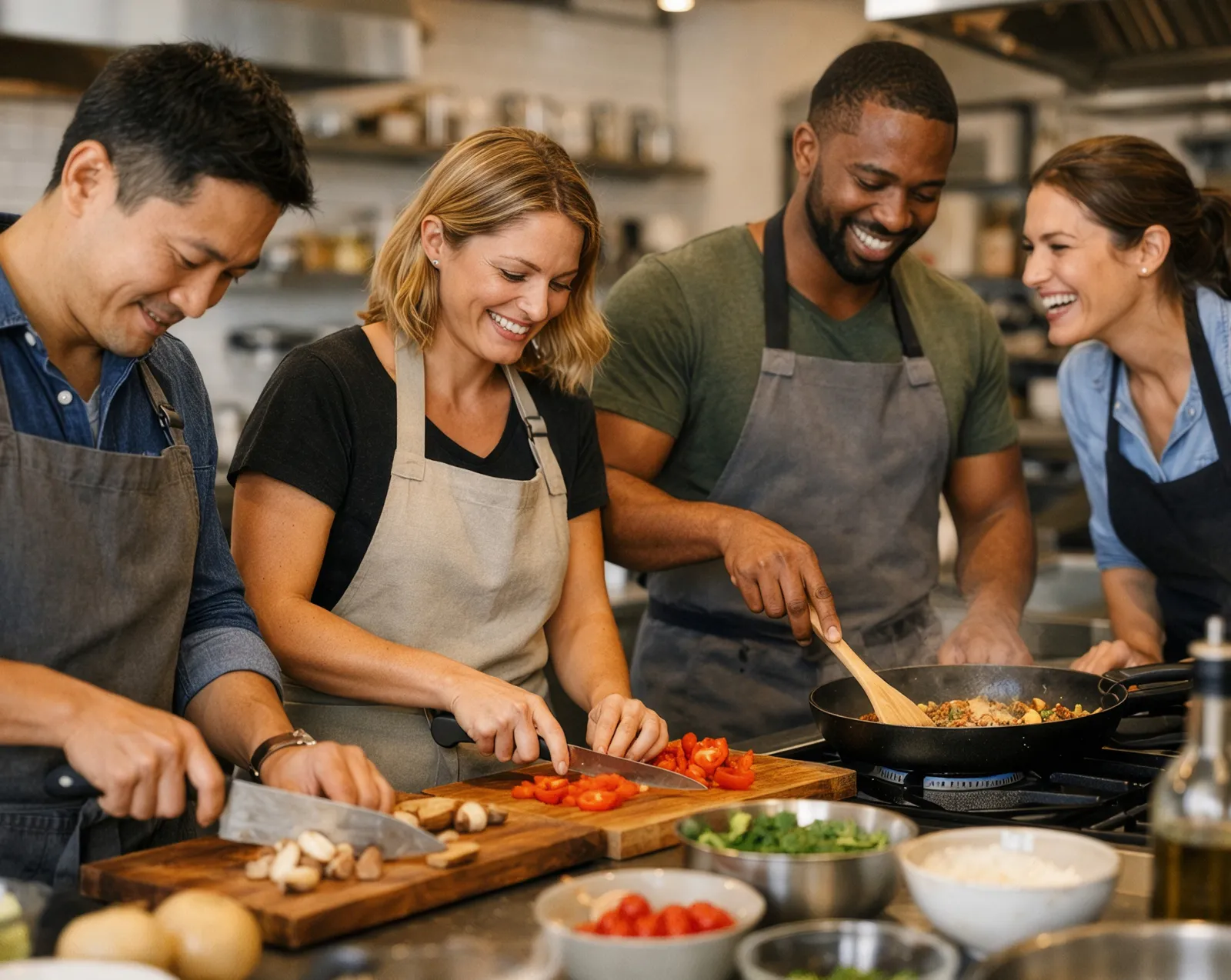 Group of people cooking together in a shared kitchen