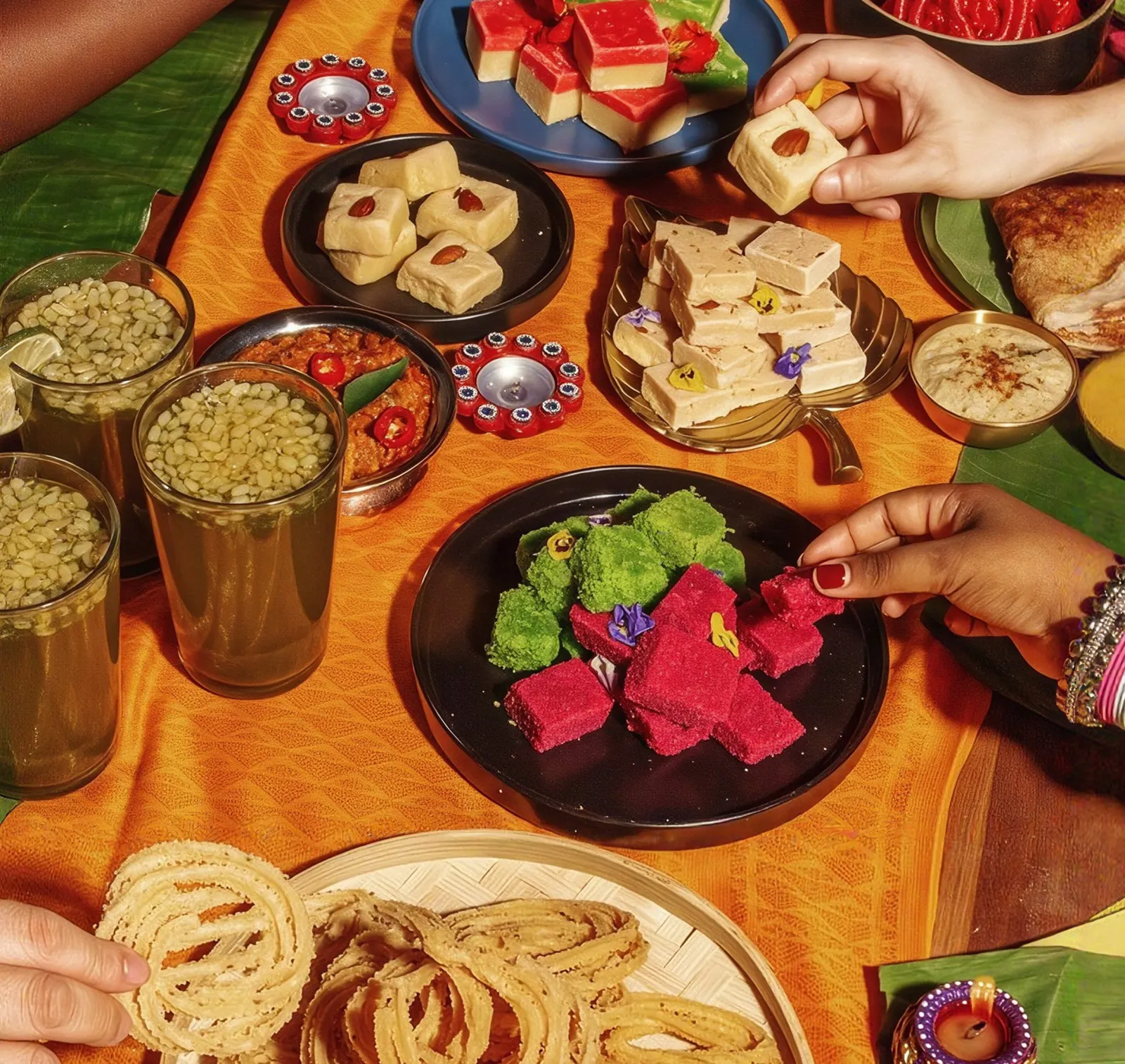 Festive Indian sweets and snacks served on a bright orange table