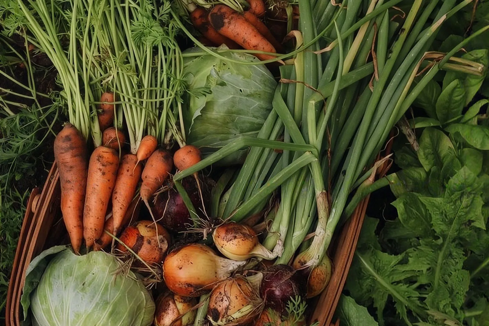 Freshly harvested carrots, onions and cabbage in a basket