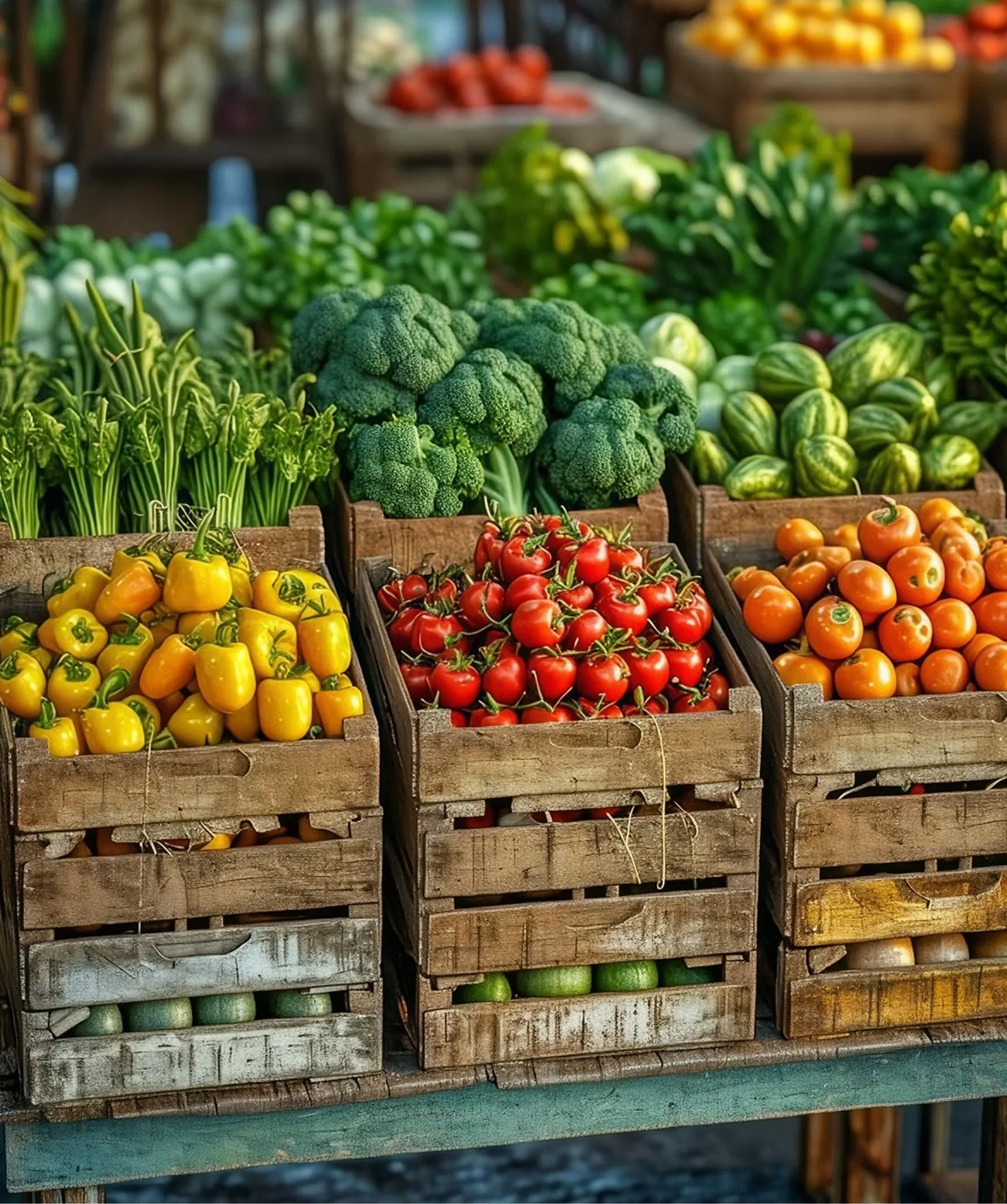 Fresh vegetables stacked in wooden crates at a market stall