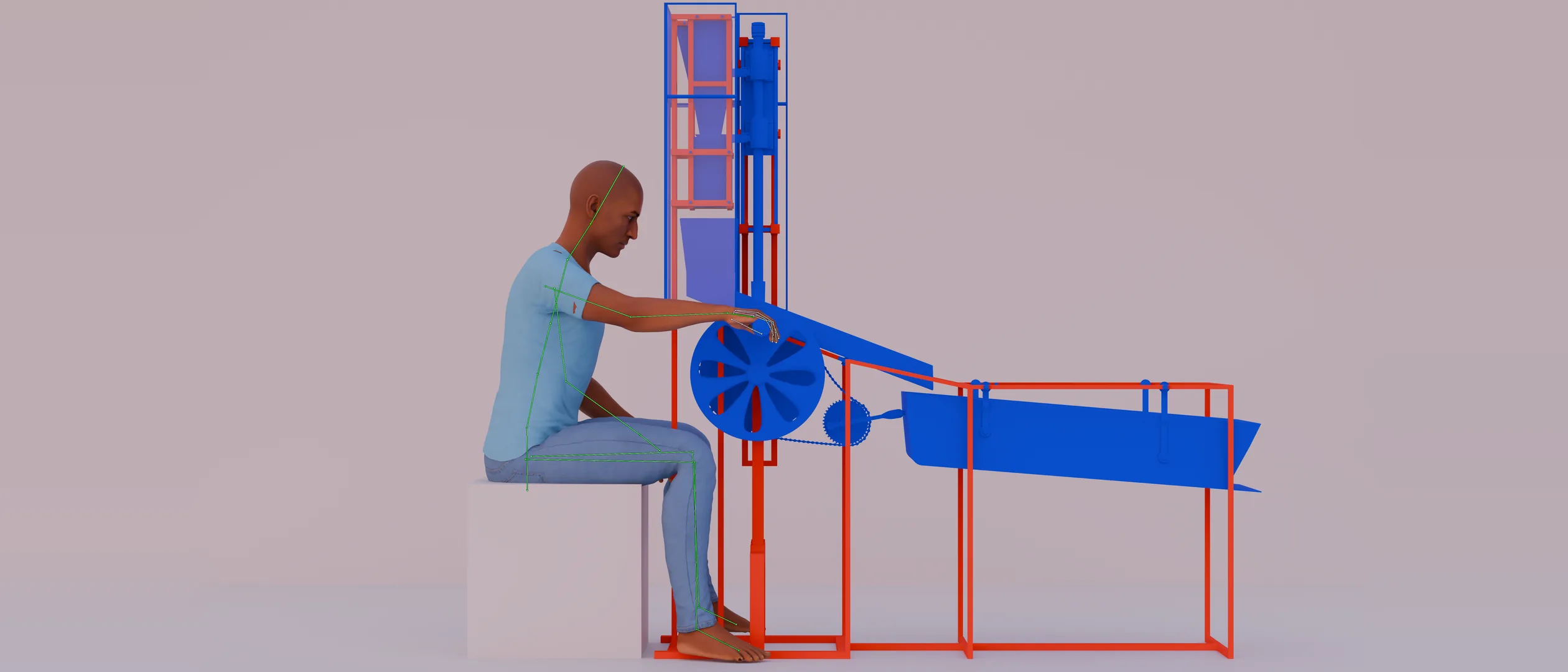 Render of a seated operator using the cashew shelling machine, with ergonomic joint lines overlaid