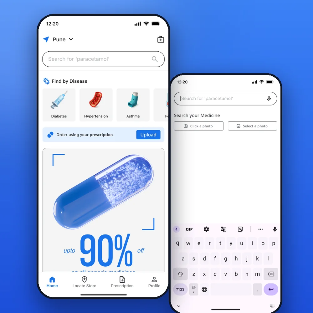 Jan Aushadhi app screens on a blue background