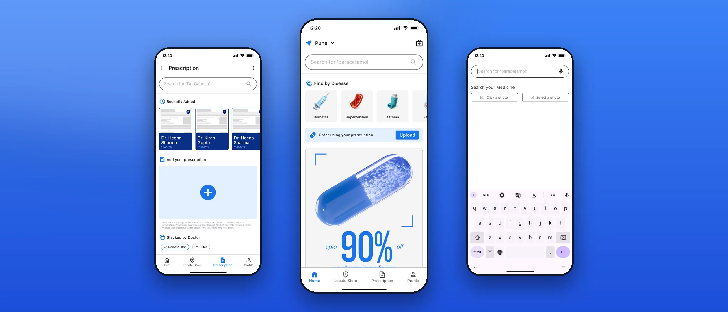 Three screens of the redesigned Jan Aushadhi app: prescriptions, home and medicine search